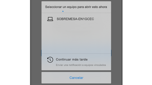 Captura de pantalla que muestra Elegir un equipo en Microsoft Edge en iOS para que el usuario pueda abrir la página web en su equipo.