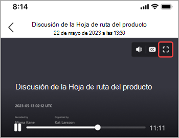 Pulse el icono de pantalla completa para mostrar una grabación de reunión en toda la pantalla.