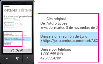 Captura de pantalla en la que se muestra el número de teléfono para una llamada entrante y el botón de respuesta en un cliente móvil de Lync
