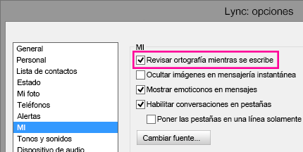 Captura de pantalla de la ventana opciones de IMl con la revisión de ortografía resaltada