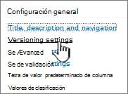 Undersettings, selecciona configuración de control de versiones