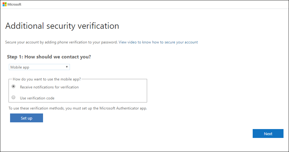 Captura de pantalla que muestra la página "Verificación de seguridad adicional", con "Aplicación móvil" y "Recibir notificaciones para la verificación" seleccionada.