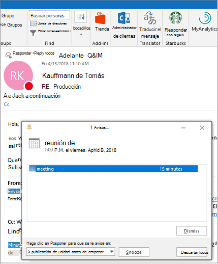 Cuadro de diálogo Aviso encima de un mensaje de Outlook de correo electrónico
