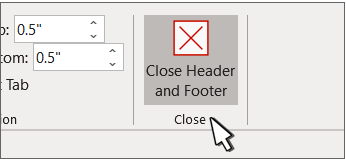 Imagen que muestra las opciones Cerrar encabezado y Cerrar pie de página