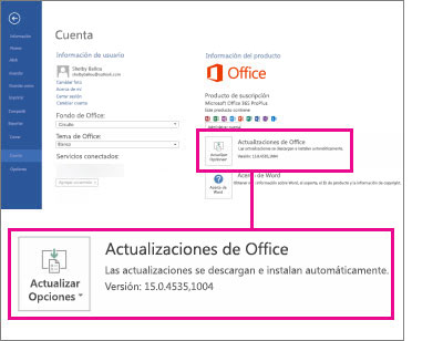 El número de versión se muestra en Actualizaciones de Office