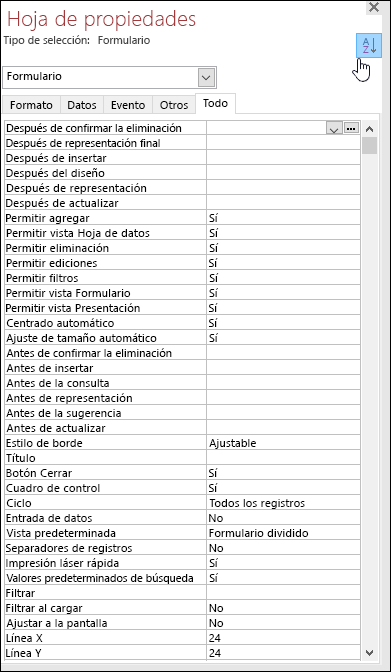 Captura de pantalla de la hoja de propiedades de Access con propiedades ordenadas alfabéticamente