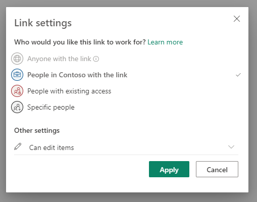 Captura de pantalla de la ventana emergente de uso compartido con opciones para quién conceder permiso de un vínculo.