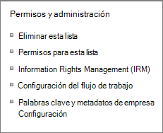 Permisos de lista y vínculos de Configuración administración