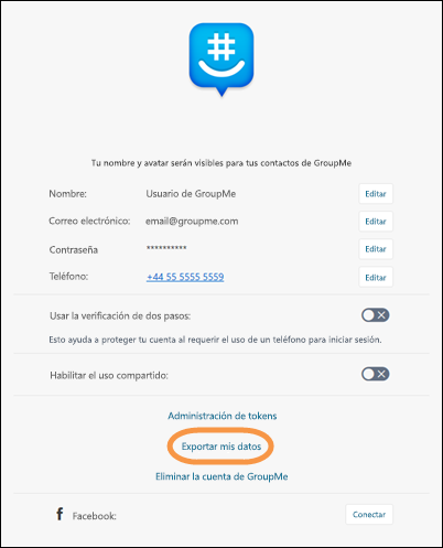 Perfil de GroupMe con la opción Exportar mis datos resaltada