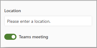 Imagen del botón de alternancia y el espacio de la reunión de Teams para especificar la ubicación de la reunión.