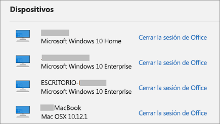 Muestra los dispositivos Windows y Mac y el vínculo para cerrar la sesión de Office en account.Microsoft.com