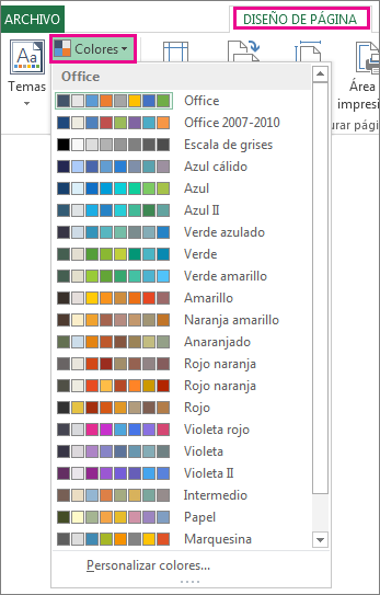 Galería de colores del tema abierta mediante el botón Colores en la pestaña Diseño de página