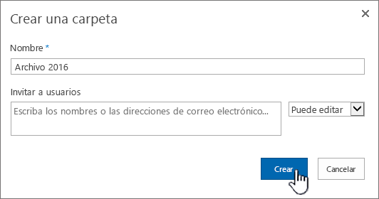 Cuadro de diálogo Nuevo recurso compartido de carpetas de SharePoint 2016