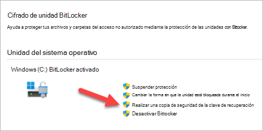 La aplicación Administrar cifrado de BitLocker con una flecha que apunta a la opción de hacer una copia de seguridad de la clave de recuperación de BitLocker.