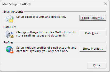 Configuración de correo: cuadro de diálogo de Outlook al que se obtiene acceso a través de la configuración de Correo en Panel de control.