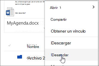 Elemento de menú Desanclar en el menú contextual del archivo resaltado