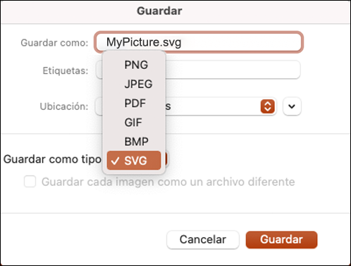 Cuadro de diálogo Guardar como en PowerPoint 2021 para Mac con la opción SVG seleccionada
