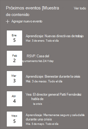 Elemento web Eventos con fechas y listas de eventos.
