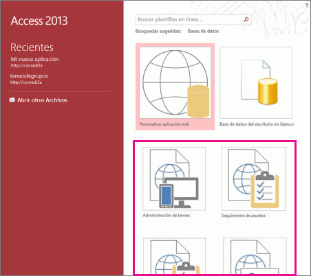 Plantillas de aplicaciones en la pantalla de inicio de Access 2013.