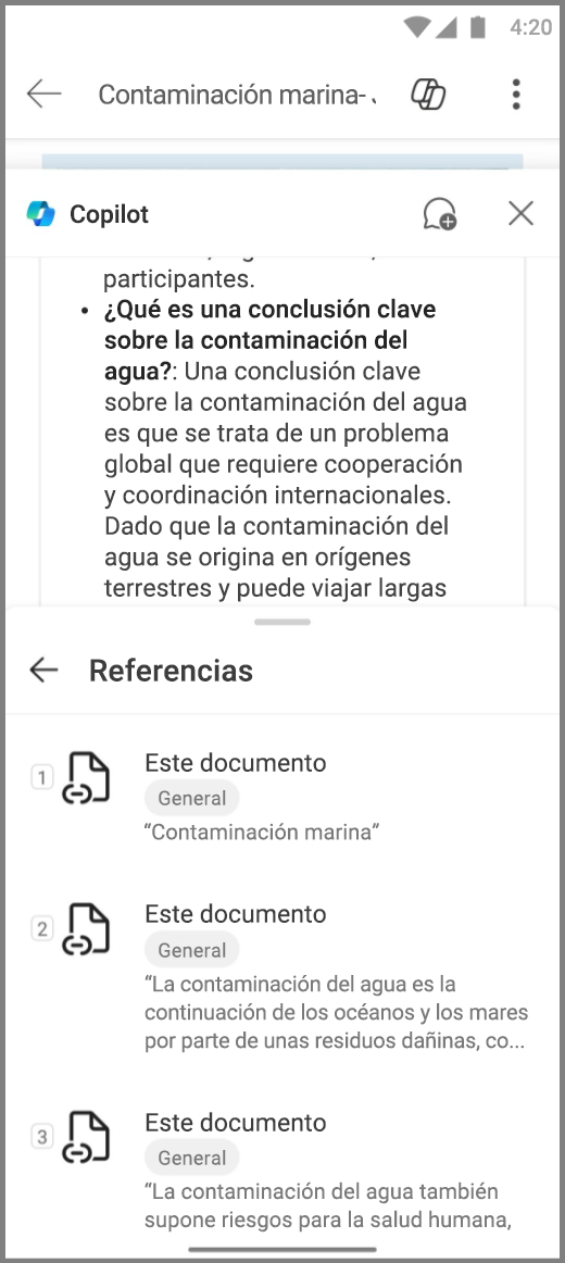 Captura de pantalla de Copilot en Word en un dispositivo Android con referencias para la respuesta de Copilot