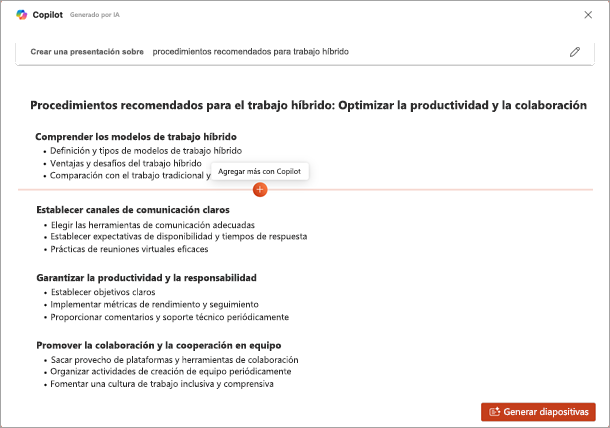 Captura de pantalla de la característica Agregar más con Copilot en Copilot para PowerPoint.