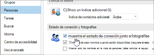 pestaña Personas en el cuadro de diálogo Opciones con el estado Mostrar en línea resaltado