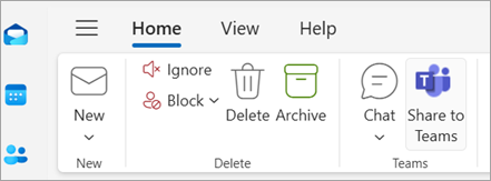 Captura de pantalla que muestra Compartir en Teams en la cinta de opciones de Outlook