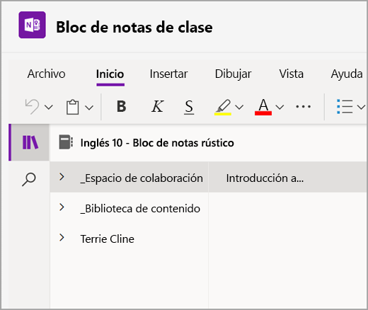Captura de pantalla de la sección de navegación Bloc de notas de clase abierta en Microsoft Teams para el ámbito educativo.