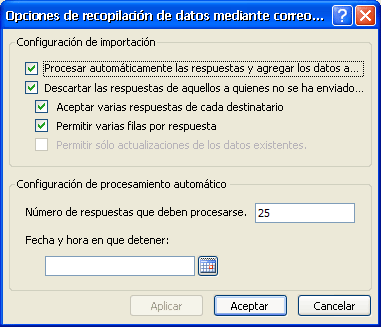 Cuadro de diálogo Opciones de recopilación de datos mediante correo electrónico