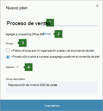 Captura de pantalla del cuadro de diálogo Nuevo plan de Planner que muestra las llamadas de un nombre escrito "Canalización de ventas", 2 opción para "Agregar a un grupo de Office 365 existente", 3 opciones de privacidad y 4 opciones desplegables.
