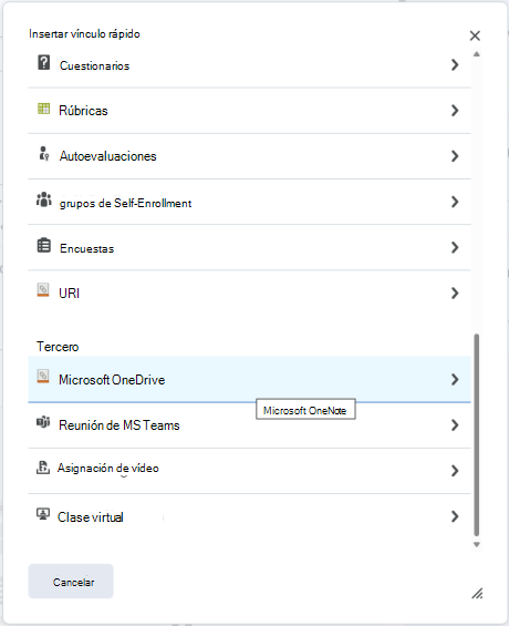 Adjunte un archivo de OneDrive a una tarea con el menú Adjuntar vínculo rápido de asignación de Brightspace.