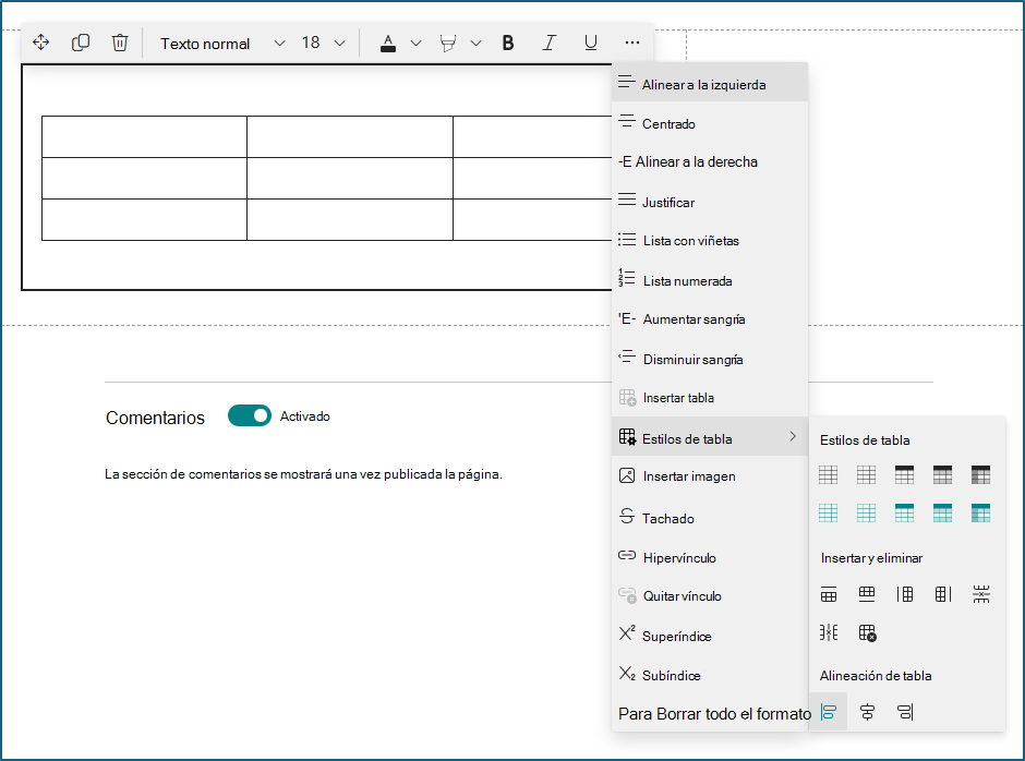 captura de pantalla del panel de edición de elementos web de texto y tabla