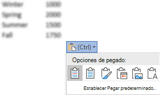 El botón opciones de pegado, junto a Excel datos, se expandió para mostrar las opciones