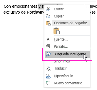 La Búsqueda inteligente se resalta al hacer clic con el botón derecho en un texto o una imagen