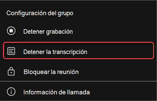 Captura de pantalla de la opción de menú "Detener la transcripción" en la aplicación móvil de Teams.