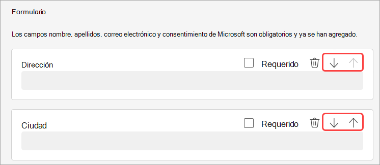 Captura de pantalla que resalta cómo reordenar las preguntas de registro para un seminario web.