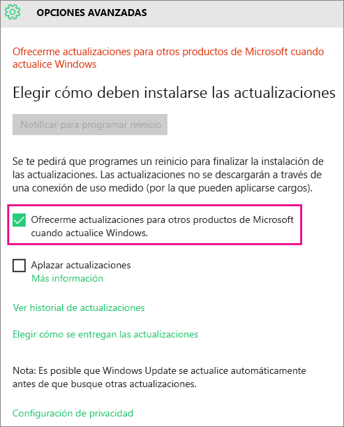 Opciones avanzadas de Windows Update