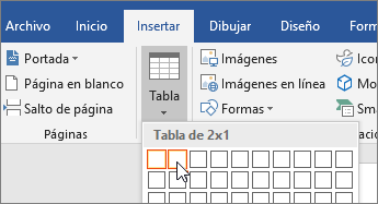 Especificar una tabla que tiene 2 columnas, 1 fila