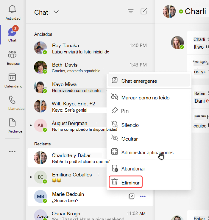 Captura de pantalla que muestra cómo eliminar una conversación