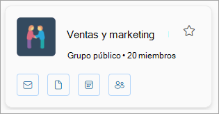 Una tarjeta de grupo muestra el nombre del grupo, el número de miembros y tiene iconos para el correo electrónico, los archivos, el calendario y los miembros.