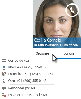 Captura de pantalla de la alerta de llamada de audio con la imagen del contacto en la esquina superior