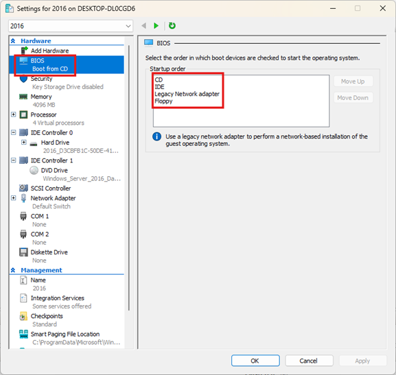 Captura de pantalla de la configuración de máquina virtual (VM) en la consola de administración de Hyper-V con BIOS resaltado y el orden de inicio con la opción CD resaltada en la parte superior.