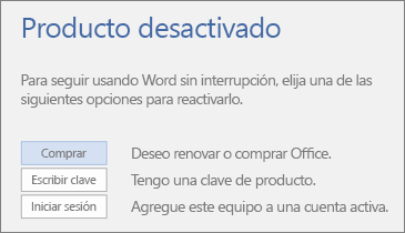Captura de pantalla que muestra el mensaje de error “Producto desactivado”