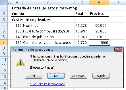 Datos no válidos y mensaje de advertencia