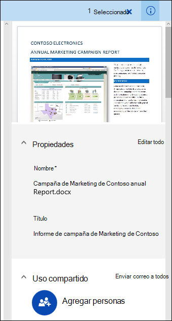 Office 365 Panel de metadatos del documento