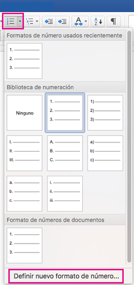 En la pestaña Inicio, los iconos Numeración y Definir nuevo formato de número están resaltados.