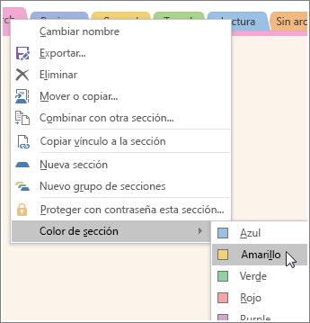 Captura de pantalla sobre la manera de cambiar un color de la sección en OneNote 2016.
