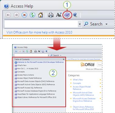 Visualización de la Tabla de contenido en el visor de la Ayuda de Access.