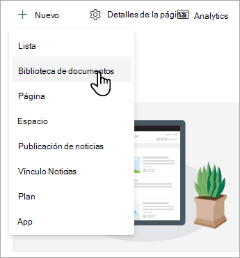 Para crear una nueva biblioteca de documentos, seleccione Nuevo y, después, seleccione Biblioteca de documentos.