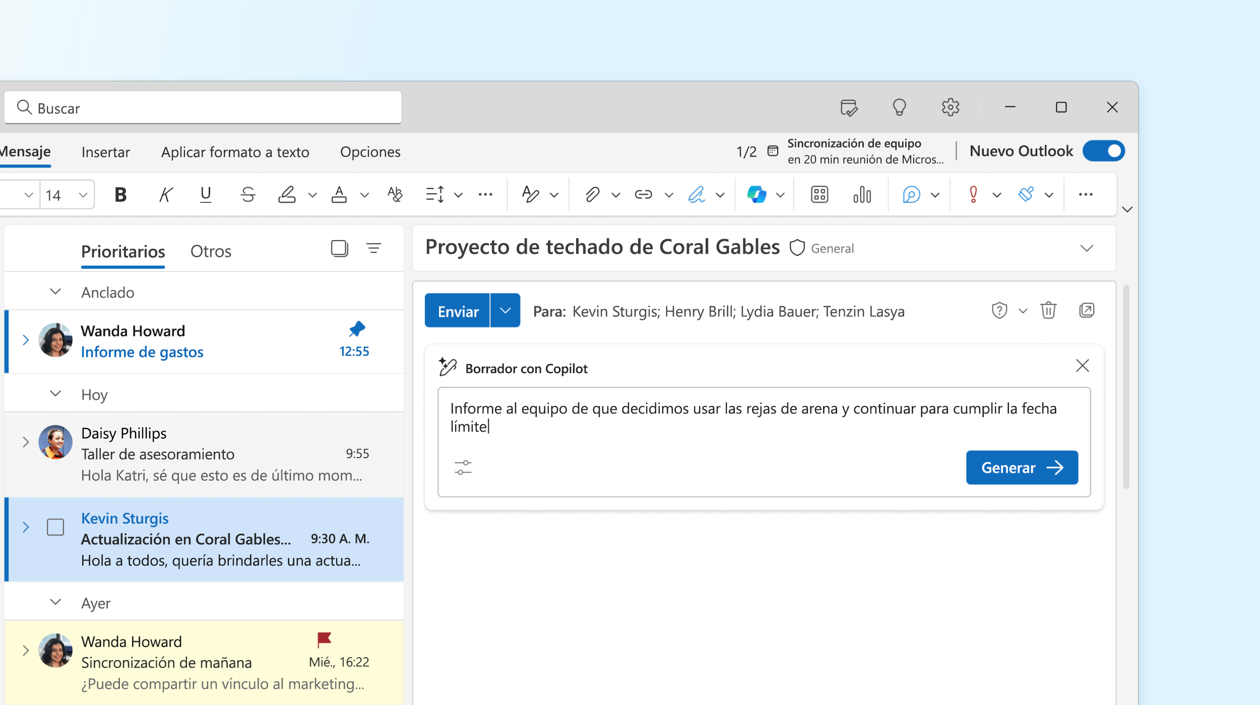 Captura de pantalla que muestra Copilot en Outlook redactando un mensaje de correo electrónico.